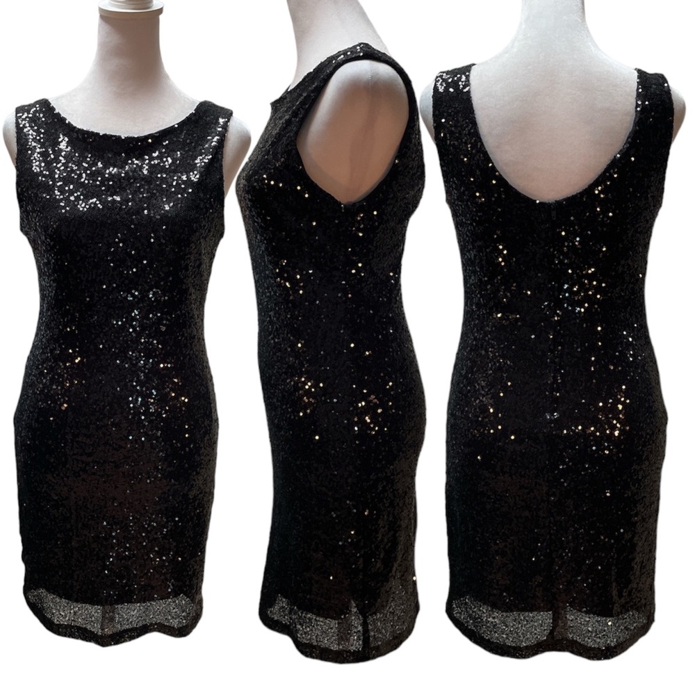 Crystal Doll Black Sequins Sleeveless Above the Knee Dress Size Medium